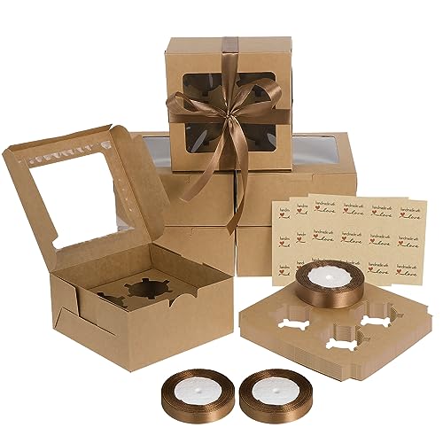 Coolty 30 Stück Cupcake Boxen 4 Löcher Karton Verpackung Boxen Bäckerei Gebäck Boxen mit Fenster und Einsätze für Cookies Muffins Cupcakes Desserts Torten (Braun) von Coolty