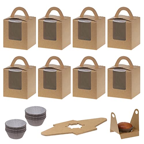 Coolty 50 Stück Cupcake Boxen 1 Löcher Karton Verpackung Boxen Bäckerei Gebäck Boxen mit Fenster und Einsätze für Cookies Muffins Cupcakes Desserts Torten (Braun) von Coolty