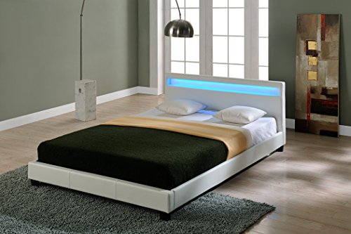 Corium LED Polsterbett Paris Bettgestell mit LED Beleuchtung Doppelbett aus Kunstleder Lattenrost & gepolstertes Kopfteil Ehebett 160x200cm Weiß von Corium