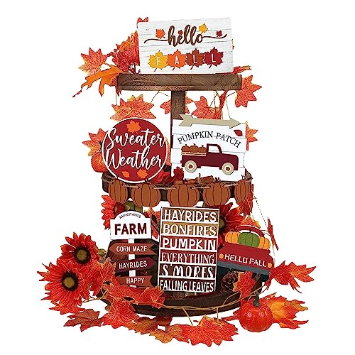 Gestuftes Tablett Holzornamente Holzschild Herbst Thanksgiving Dekoration Zuhause Herbst Dekor Gestuftes Tablett Dekor Set für den Herbst Bauernhaus Dekor Holzbeschilderung Etagere (Orange One Size) von Corlidea