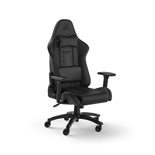 Corsair TC100 Relaxed-Gaming-Stuhl – Kunstleder – Vom Rennsport inspiriertes Design – Lendenkissen – Abnehmbares Nackenkissen aus Memory-Schaumstoff – Verstellbare Armlehnen – Schwarz von Corsair