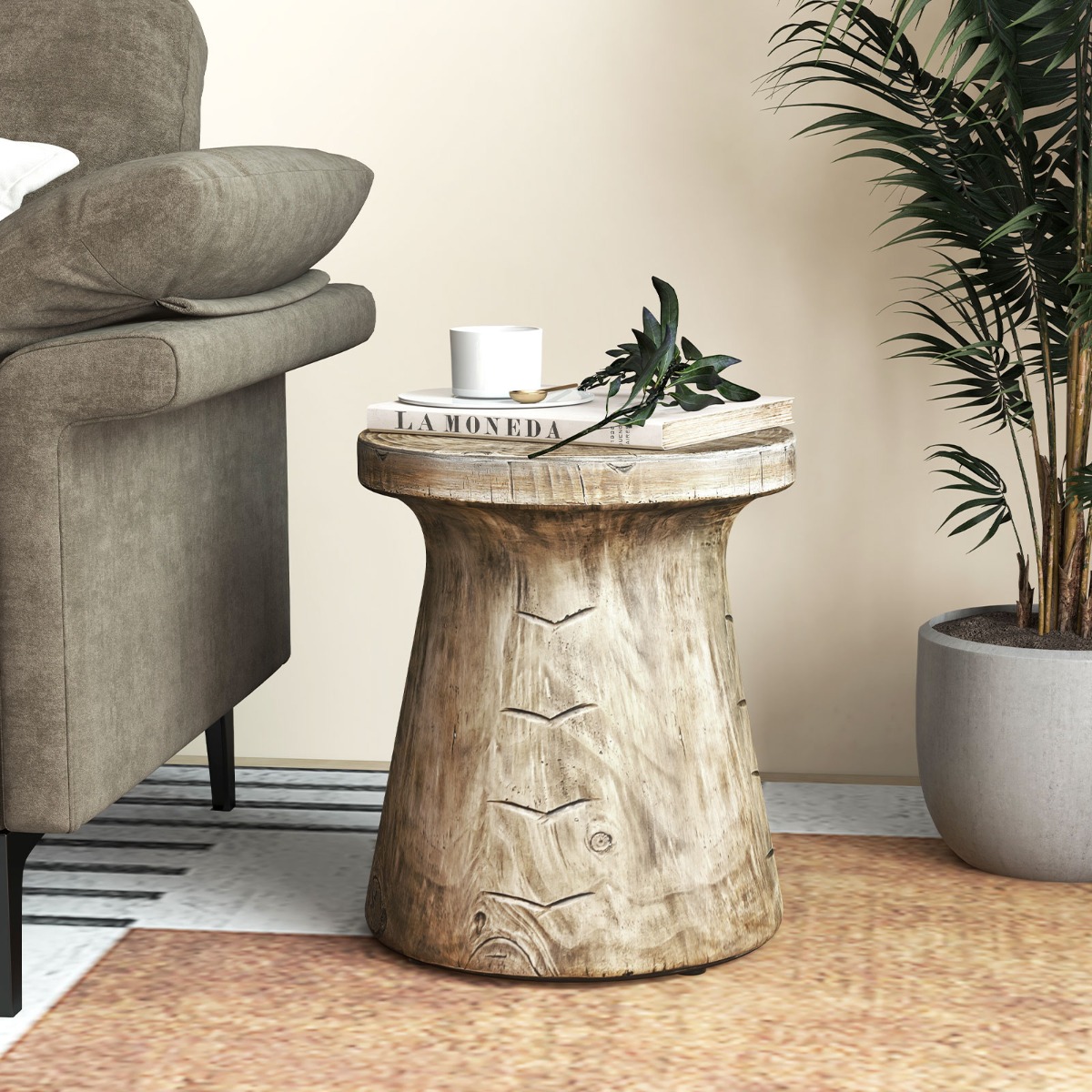Beistelltisch drinnen & draußen pilzförmiger Pflanzenständer holzähnlicher Hocker wetterfester Tisch aus Naturstein mit Holzmaserung Natur von Costway