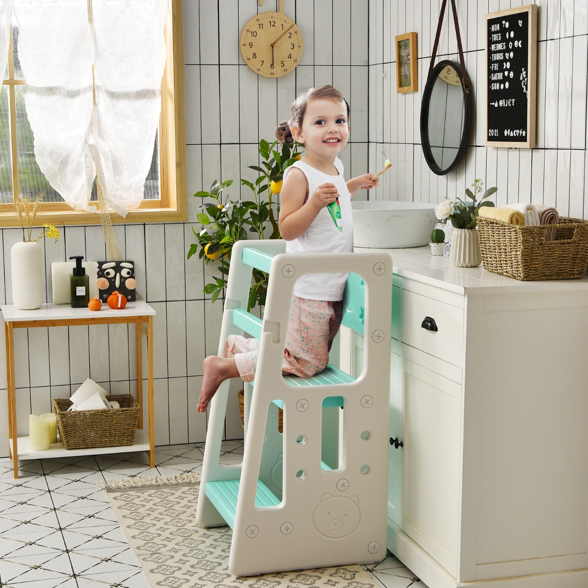 Kinder-Küchenhocker mit Doppelten Sicherheitshandläufen & 3 Verstellbaren Höhen & Rutschfesten Füßen Grün von Costway