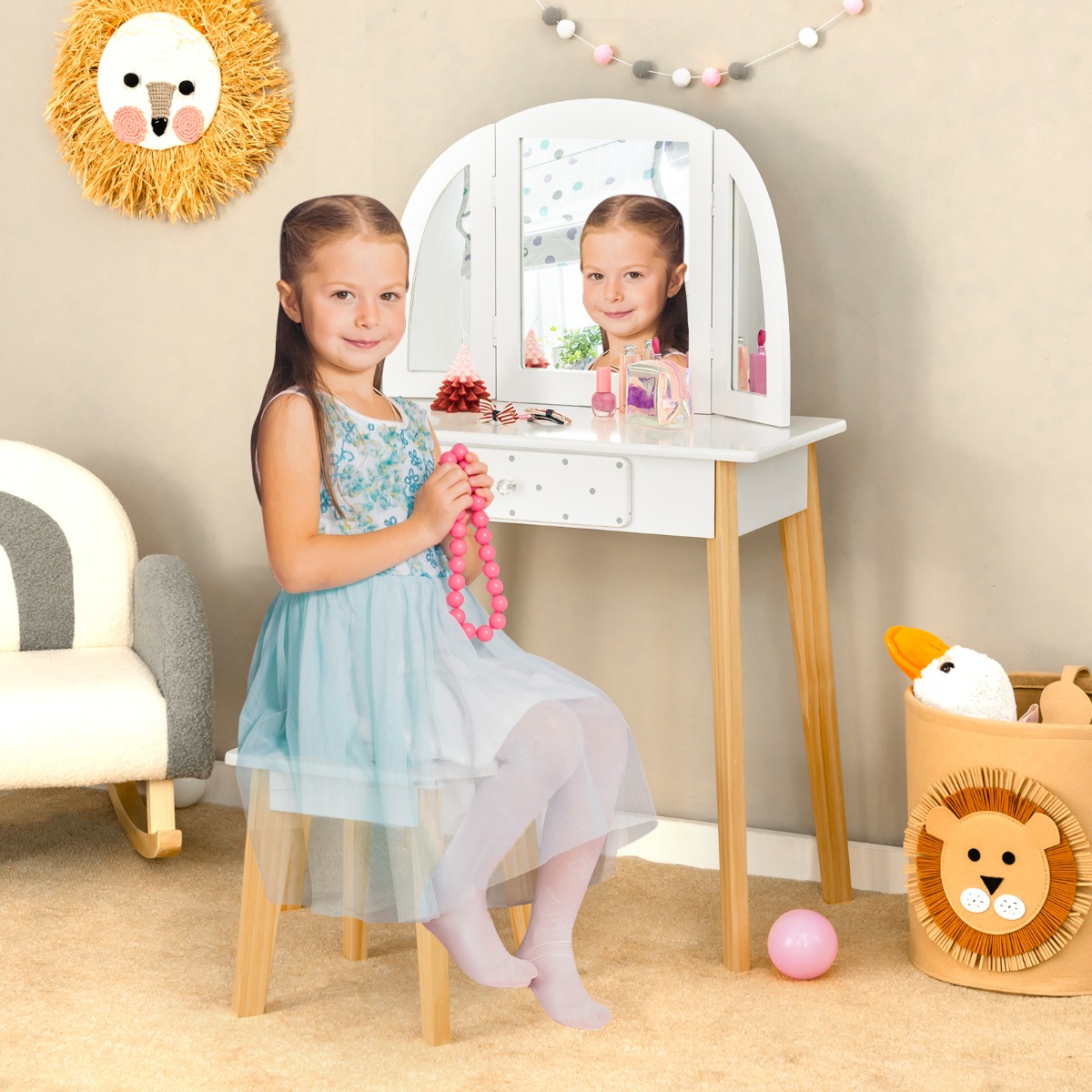 Schminktisch & Hocker aus Holz für Kinder mit klappbarem Spiegel 60 x 30 x 95 cm Weiß + Natur von Costway