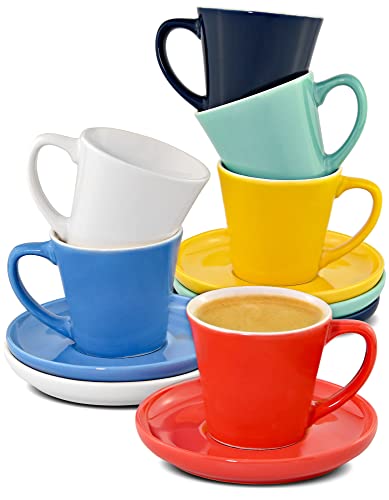 Cosumy Espressotassen Farbig 6er Set mit Untertassen - Keramik Bunt - Stapelbares Design - Hält Lange Warm - Moderner Farben - Geschenkbox - 70ml von Cosumy