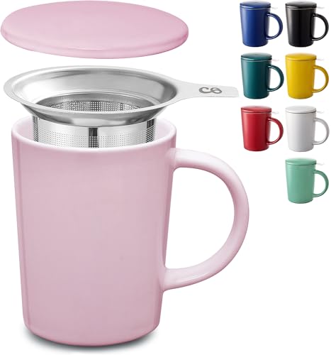 Cosumy Teetasse mit Sieb und Deckel - Keramik Rosa - Hält Lange warm - 400ml Groß - Spülmaschinenfest von Cosumy