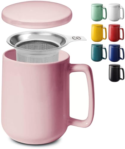 Cosumy Teetasse mit Sieb und Deckel - Keramik Rosa - Hält Lange warm - 500ml XXL Groß - Spülmaschinenfest von Cosumy