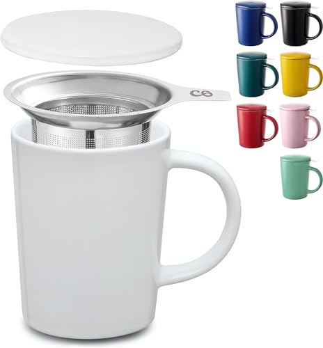 Cosumy Teetasse mit Sieb und Deckel - Keramik Weiß - Hält Lange warm - 400ml Groß - Spülmaschinenfest von Cosumy