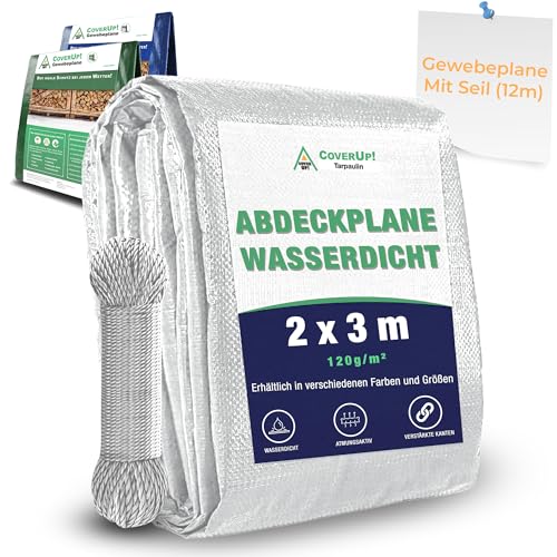 CoverUp! 2x3m Abdeckplane Wasserdicht - Farbe: Weiß, 120g/m², Gewebeplane mit ösen, Verstärkte Gummiecken - Plane Wasserdicht UV-Schutz für Gartenmöbel, Bauplane, zeltplane inkl 12m Seil, 2x3 von CoverUp!