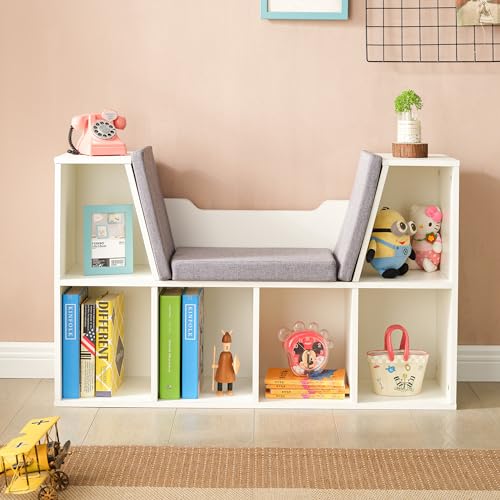 Cozy Castle Kinder bücherregal Weiß, Bücherregal mit Sitzbank und 6 offenen Fächern, 102,5x63,5x30cm von Cozy Castle