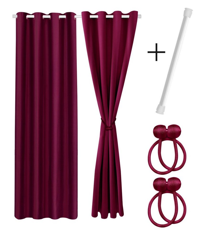 Vorhang Set mit 2x Gardine + 2x Vorhanghalter + 1x Gardinenstange ohne Bohren, Cozyor, Ösen (2 St), verdunkelnd, Polyester, blickdicht bordeaux Berry, Thermo Gardine 175x135 cm mit Magnethalter, Flur & Fenster von Cozyor