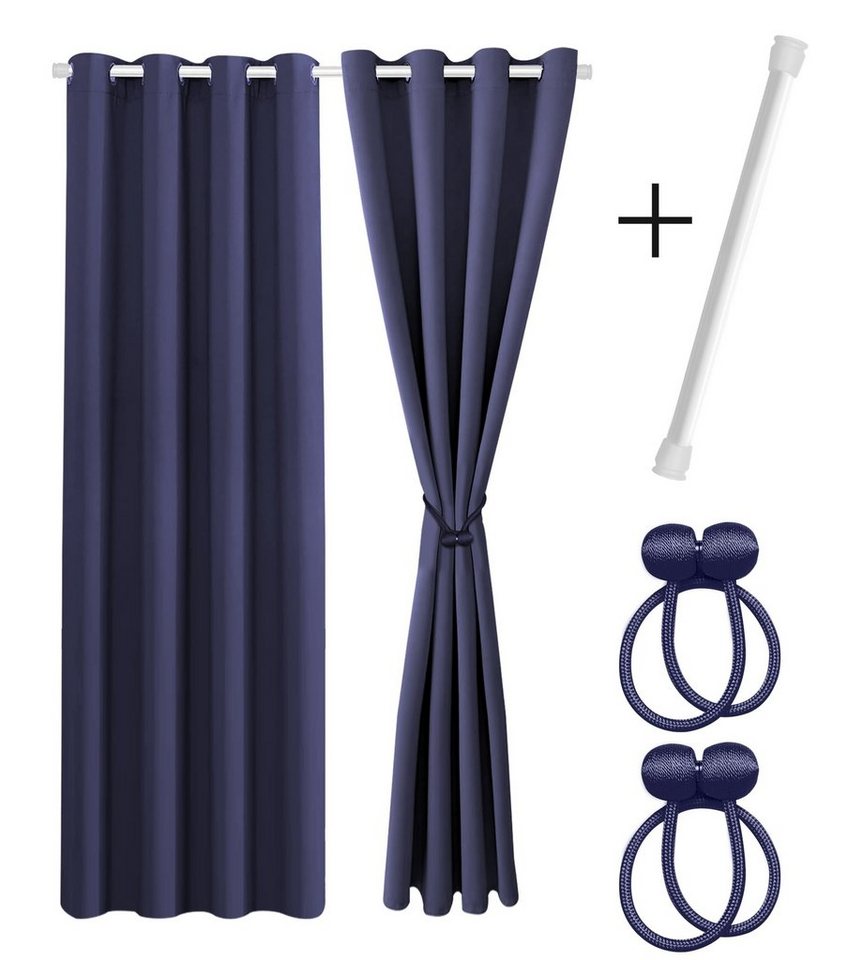 Vorhang Set mit 2x Gardine + 2x Vorhanghalter + 1x Gardinenstange ohne Bohren, Cozyor, Ösen (2 St), verdunkelnd, Polyester, blickdicht dunkelblau Ocean, Thermo Gardine 200x135 cm mit Magnethalter, Flur & Fenster von Cozyor