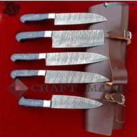 Küchenmesser Chef Set Mit Ledermesserrolle | Damaszener Klinge Damast Stahl Kochmesser Camping Grill Besteck Geschenkset Dcs02 von Craftomatik