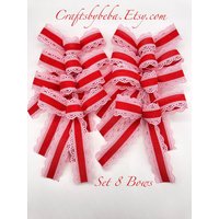 Weihnachts-Dekorationsschleifen - Set 8 Schleifen Rote Und Rosa Weihnachtsschleifen Weihnachten Vintage Spitze Rote Dekorschleifen von CraftsbyBeba