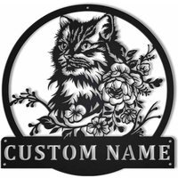 Personalisiertes Süßes Katzen-Blumen-Metallschild, Personalisiertes Katzen-Namensschild, Katzen-Wandbehang Zur Dekoration von CratifyCreations