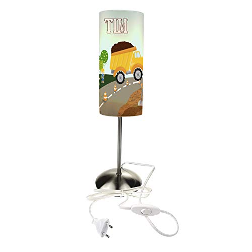 CreaDesign TI-1003 Baustelle Nachttischlampe Kinderzimmer mit Namen, Kinder Tischlampe/Schlummerlicht mit Schalter für Steckdose, E14, 38 cm hoch von CreaDesign