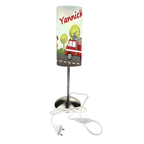 CreaDesign TI-1009 Feuerwehr Nachttischlampe Kinderzimmer mit Namen, Kinder Tischlampe/Schlummerlicht mit Schalter für Steckdose, E14, 38 cm hoch von CreaDesign