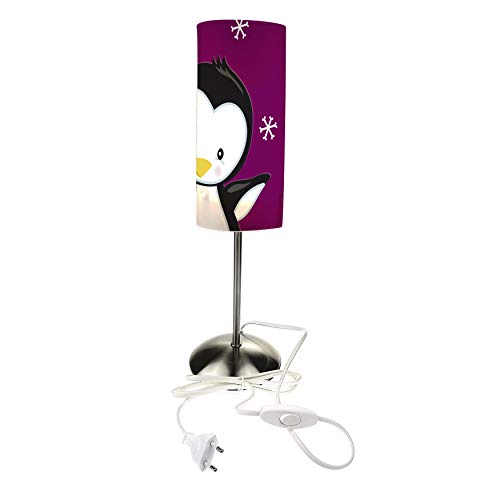 CreaDesign TI-1121-09 Pinguin brombeere Nachttischlampe Kinderzimmer mit Namen, Kinder Tischlampe/Schlummerlicht mit Schalter für Steckdose, E14, 38 cm hoch von CreaDesign