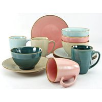 CreaTable Frühstücks-Geschirrset "Service, Cosy Morning (Teller, Schale, Kaffeebecher)", (Set, 12 tlg., Kaffeebecher, Dessertteller und Müslischalen im Set, für 4 Personen), Kreisstruktur, in Pastell-Farben, 12 Teile, für 4 Personen von Creatable