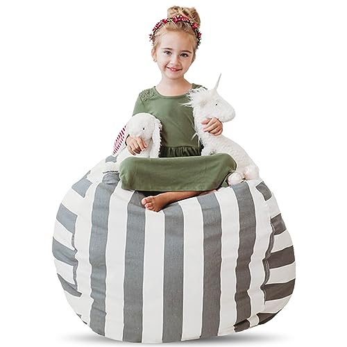 Creative QT Stofftier-Aufbewahrungs-Sitzsack, Sitzsack für Kinder, Sitzsackbezug, Stofftierhalter, Sitzsack für Kinder, Kleinkinder und Jugendliche (38 Grau/Weiß gestreift, X-Large) von Creative QT