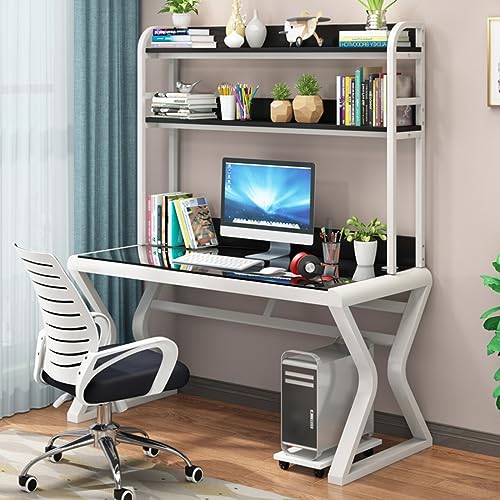 CuNtoHHH Computertisch aus gehärtetem Glas, Arbeitstisch, Lerntisch, moderner, einfacher Computertisch mit Regalen, Bücherregal für das Home-Office (47 Zoll, Schwarz + weißer Rahmen) von CuNtoHHH