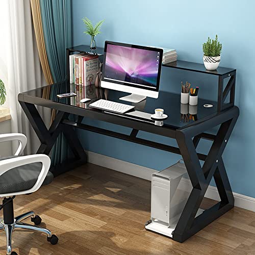 CuNtoHHH Computertisch aus gehärtetem Glas mit Bücherregal, moderner, einfacher Home-Office-Schreibtisch, Studentenschreibtisch, Arbeitsstation, einfache Montage (99,1 cm, schwarz) von CuNtoHHH