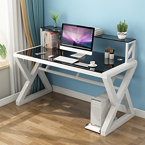 CuNtoHHH Computertisch aus gehärtetem Glas mit Bücherregal, moderner, einfacher Home-Office-Schreibtisch, Studentenschreibtisch/Arbeitsplatz, einfache Montage (99,1 cm, Schwarz und Weiß) von CuNtoHHH