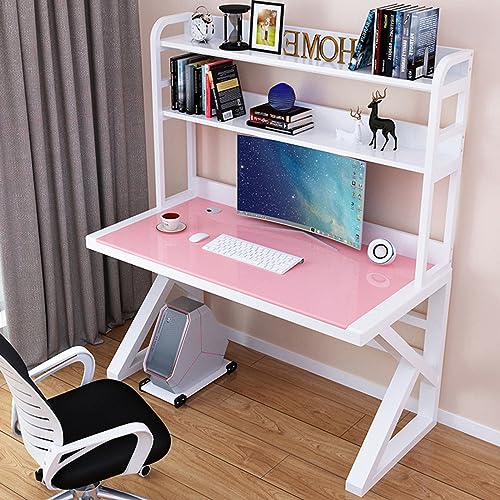 CuNtoHHH Computertisch mit Bücherregal, Home-Office-Schreibtisch, Arbeitstisch, Studiertisch, Computertisch aus gehärtetem Glas mit 2 Ebenen, platzsparend (47 Zoll, Pink) von CuNtoHHH