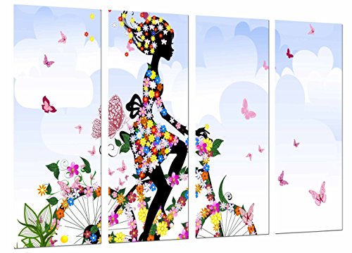 Wandbild - Frühlings-Mädchen-Frauen-Fahrrad-Blumen, Schmetterlings-Natur, 131 x 62 cm, Holzdruck - XXL Format - Kunstdruck, ref.27075 von Cuadros Camara