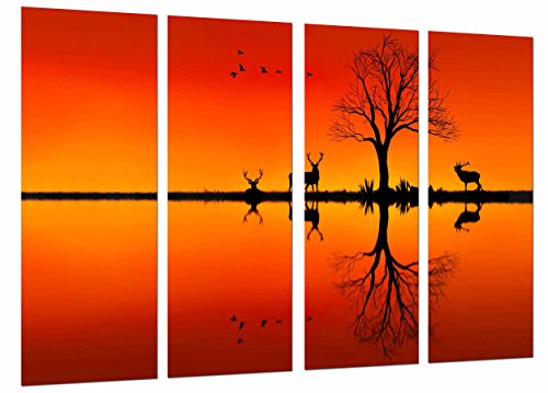 Wandbild - Natur-See-Schattenbild-Tierrotwild-Vogel-Baum-Orange, 131 x 62 cm, Holzdruck - XXL Format - Kunstdruck, ref.27057 von Cuadros Camara