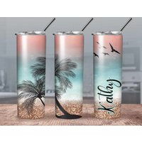 Beach Life Personalisierter Becher // Sonnenuntergang Am Strand Kaffeebecher Palm Tree Tumbler Personalisierte Geschenkbecher von CustomSipsBoutique