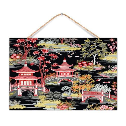 Chinoiserie Pagode, asiatisches Holzschild, Holzkohle, Koralle, Wanddekoration, hängende asiatische Vögel, Pagode, niedliches Holzschild für Kinderzimmer, Schlafzimmer, Cottage, 30,5 x 20,3 cm von CustonCares