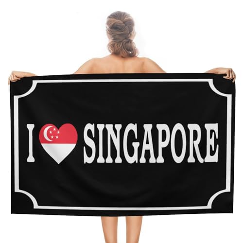 CustonCares I Love Singapur Strandtücher, saugfähig, kein Schrumpfen, sandfrei, Reisehandtuch, Vintage-Stil, internationale Flagge, Banner, Picknick-Handtuch, 78,9 x 130,9 cm, für Erwachsene, Männer, von CustonCares