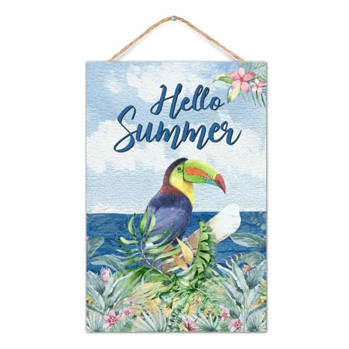 Holzschild mit Aufschrift "Hello Summer Papagei", Heimdekoration, hängendes Bier-Bar, Club, Glas, Papageienschilder, positives Holzplanken-Hängeschild für Badezimmer, Esszimmer, Kaminsims, 20,3 x 30,5 von CustonCares