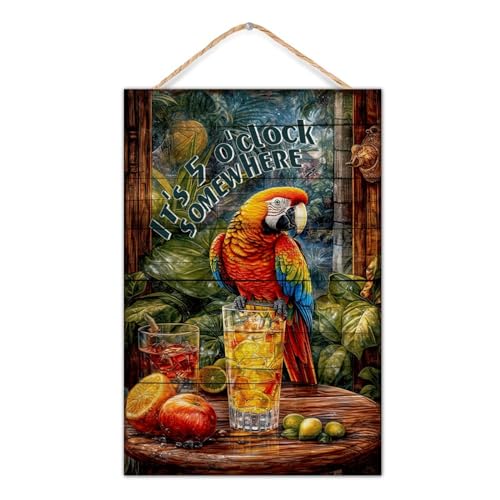 Holzschild mit der Aufschrift "It's Five O'clock Somewhere", Ara, Papagei, Tier, Haustier, Zuhause, Tiki, Bar, Pool, Whirlpool, Luau, Regal-Dekor, personalisiertes Holzschild für Kinderzimmer, von CustonCares