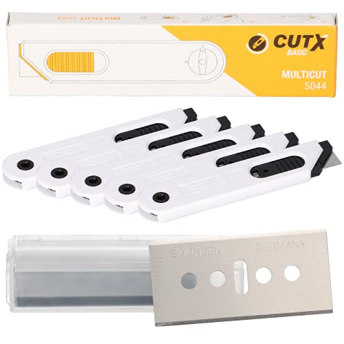 5er SET CUTX MULTICUT X5044 + 10 Ersatzklingen Cuttermesser Sicherheitsmesser Kartonmesser Cutter mit autom. Klingenrückzug von CutX