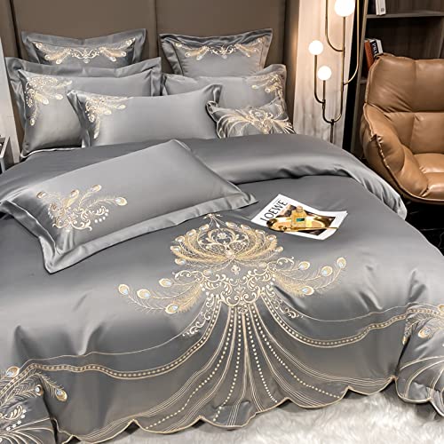 Cutfouwe Satin Bettwäsche 220 x 240cm Grau 4teilig Gold Pfauenfedern Deckenbezug Glatt Luxus Bettbezug Luxuriös Romantisch Bettwäsche Set mit Reißverschluss Bettlaken und Kissenbezug,Grau,King von Cutfouwe