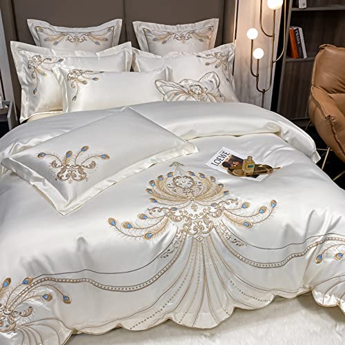 Cutfouwe Satin Bettwäsche 200 x 230cm Weiß 4teilig Gold Pfauenfedern Deckenbezug Glatt Luxus Bettbezug Luxuriös Romantisch Bettwäsche Set mit Reißverschluss Bettlaken und Kissenbezug,Weiß,Queen von Cutfouwe