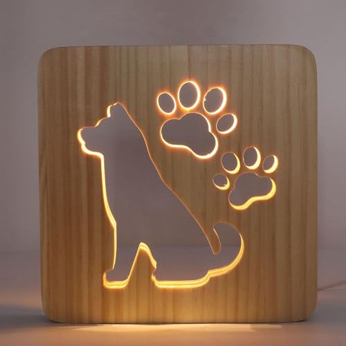 Cyrank LED-Nachtlicht, 3D-Hölzerner hohler Hund und Pfotenabdrücke Nachtlicht für Kinder USB-Netzteil Nachttischlampe für Kinder Weihnachten Neujahrsgeschenk von Cyrank