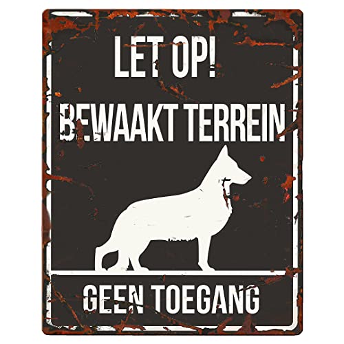 D&D Home, Warnschild Achtung am Hund, 20 x 25 cm, niederländische Version, schwarzer Hintergrund, Warnschild aus Metall, rostbeständig, mit lustigem Text von D&D Home