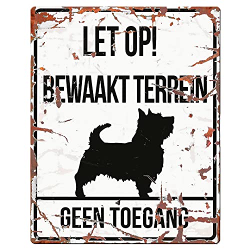 D&D Home, Warnschild Achtung am Hund, 20 x 25 cm, niederländische Version, weißer Hintergrund, Warnschild aus Metall, rostbeständig, mit lustigem Text von D&D Home