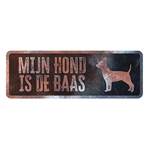 D&D Home, Warnschild Achtung am Hund, 40 x 13 x 0,3 cm, niederländische Version, schwarzer Hintergrund, Warnschild aus Metall, rostbeständig, mit lustigem Text von D&D Home