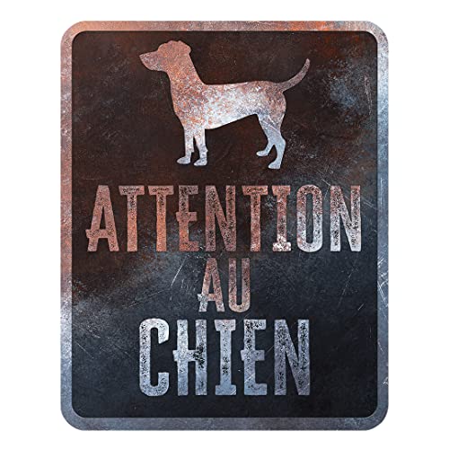 D&D Home, Warnschild "Attention au Hund", 25 x 20 x 0,3 cm, französische Version, schwarzer Hintergrund, Warnschild aus Metall, rostbeständig, mit lustigem Text von D&D Home