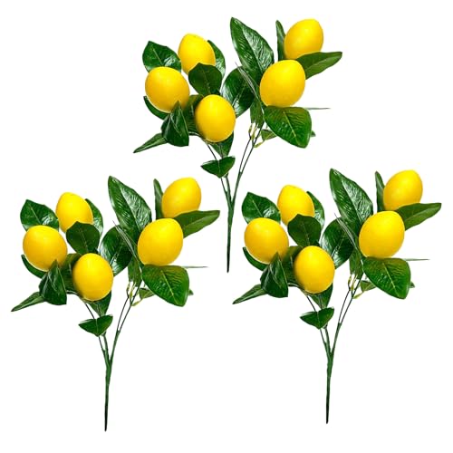 DADEA 3 Stück Künstliche Zitronenzweige, Künstliche Gelbe Zitronenstiele mit Grünen Blättern für Vase, Zitronendekoration, Lebensechte Künstliche Zitronenzweige für Küche,(Große Blätter) von DADEA