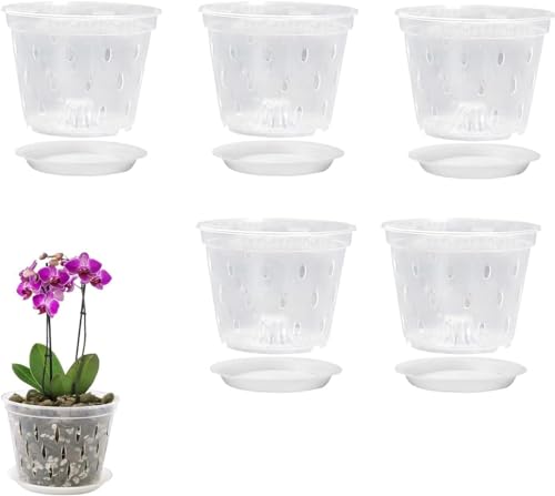 DADEA Orchideentöpfe, 17,8 cm, Orchideentopf mit Drainagelöchern und Untersetzern, transparenter Kunststoff, Orchideentöpfe zum Umtopfen, Garten-Pflanzgefäße für Home Office (5 Stück, 17,8 cm) von DADEA