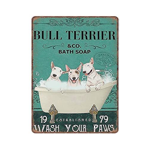 DAIERCY Bull Terrier And Co Bath Soap Wash Your Paws Hund Blechschilder Lustiges Vintage Metallschild Plaqu Poster Wandkunst Pub Bar Küche Garten Bad Home Decor, 30 x 40 cm von DAIERCY