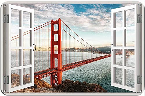 Retro Blechschild Golden Gate Bridge Fenster San Francisco Skyline Metall Blechschild Wanddekoration für Zuhause Cafés Pubs Club Schild Geschenk Schild Metallblech 20 x 30 cm von DAIERCY