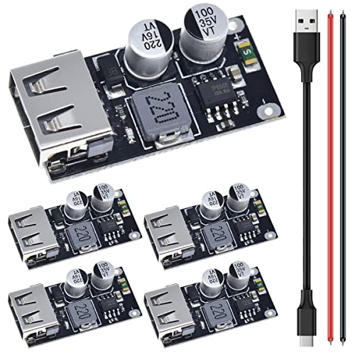 DAOKAI 5 Stück 6-32V 9V 12V 24V bis 5V 3A Schnelllademodul USB QC3.0 QC2.0 DC-DC Buck Converter Step-Down-Schnellladeplatine mit USB-Kabel, 24AWG-Draht von DAOKAI