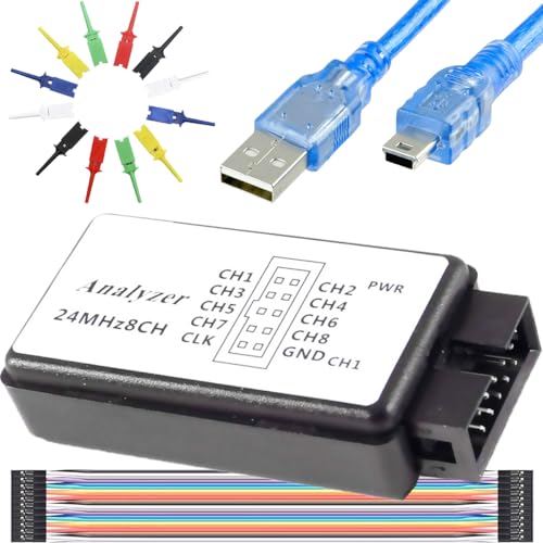 DAOKAI USB-Logikanalysator-Geräteset, USB-Kabel, 24 MHz, 8 Kanäle, 24 MHz, 8 Kanäle, UART IIC, SPI-Debug mit 6 Farben, Testhaken-Clip-Set, Mini-zu-USB-Kabel, Dupont-Kabel für Arduino, FPGA, M100, SCM von DAOKAI