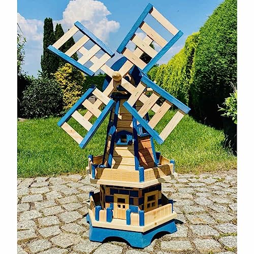 DARLUX handgefertigte Sechseck Doppelstock-Garten-Windmühle aus Holz Natur/Blau Höhe 93 cm von DARLUX